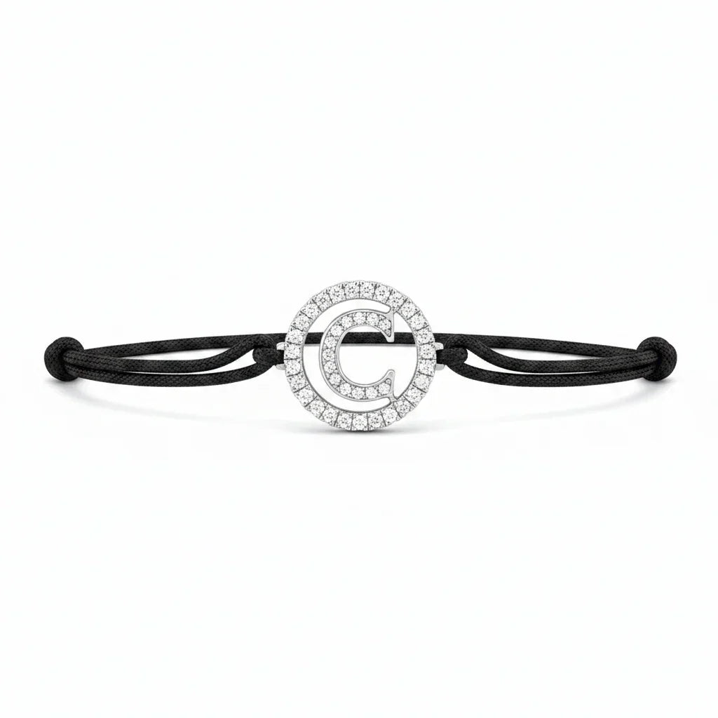 Silver diamond C initial alphabet bracelet with black adjustable cord
