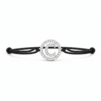 Silver diamond C initial alphabet bracelet with black adjustable cord