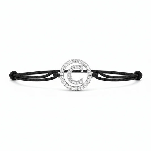 Silver diamond C initial alphabet bracelet with black adjustable cord
