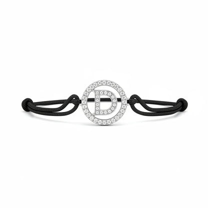 Silver diamond alphabet D bracelet with black adjustable cord