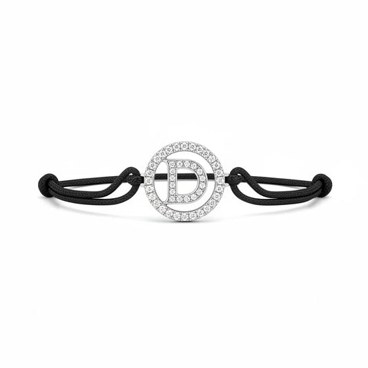 Silver diamond alphabet D bracelet with black adjustable cord