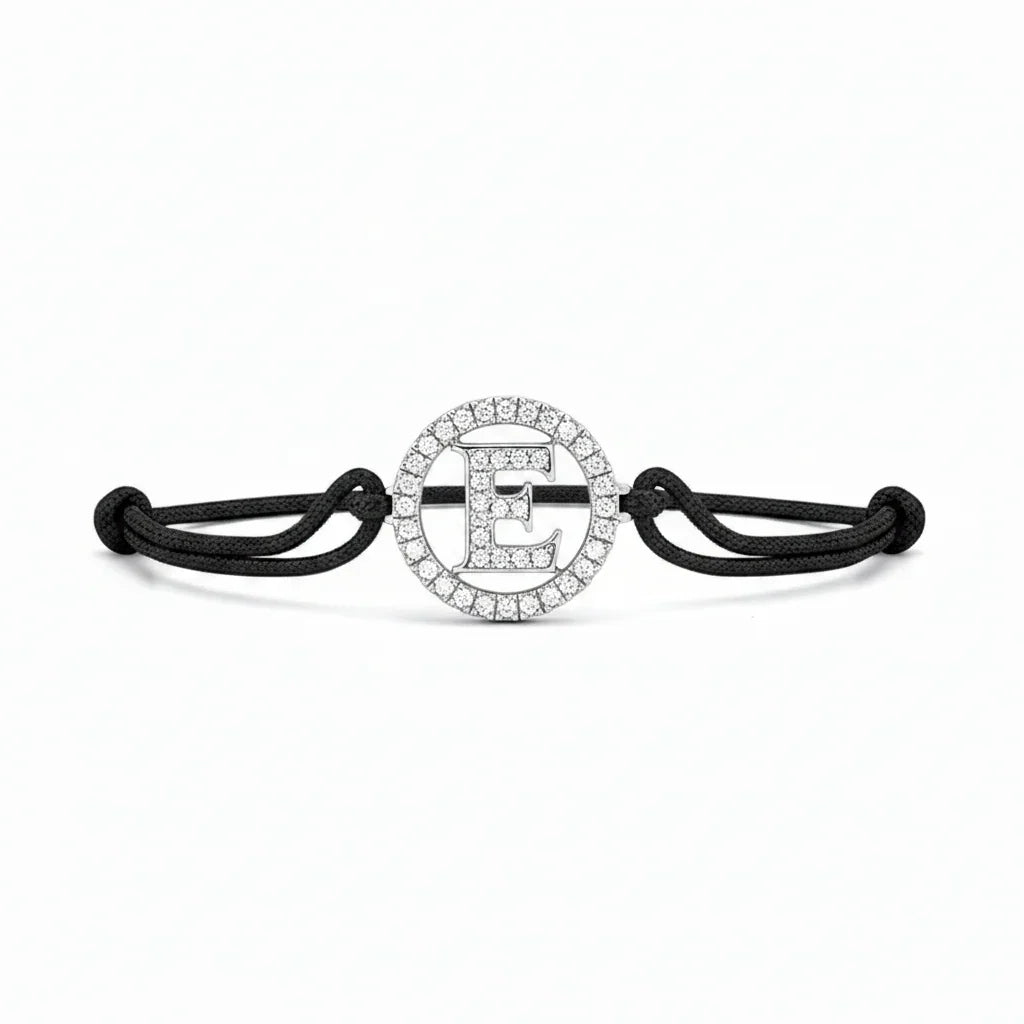 Silver diamond alphabet E bracelet with black adjustable cord, minimalist jewelry