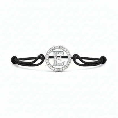 Silver diamond alphabet E bracelet with black adjustable cord, minimalist jewelry