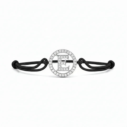 Silver diamond alphabet E bracelet with black adjustable cord, minimalist jewelry