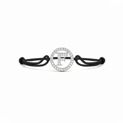 Silver diamond bracelet with letter F pendant on black adjustable cord