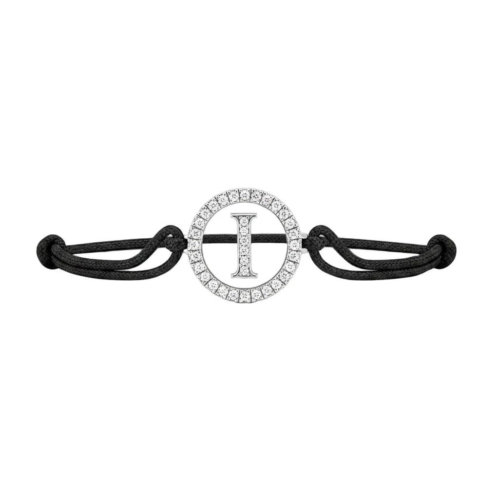 Silver diamond alphabet I bracelet with black adjustable cord