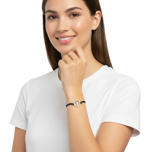 Elegant diamond-encrusted initial 'Y' bracelet on black cord, perfect for women's fashion
