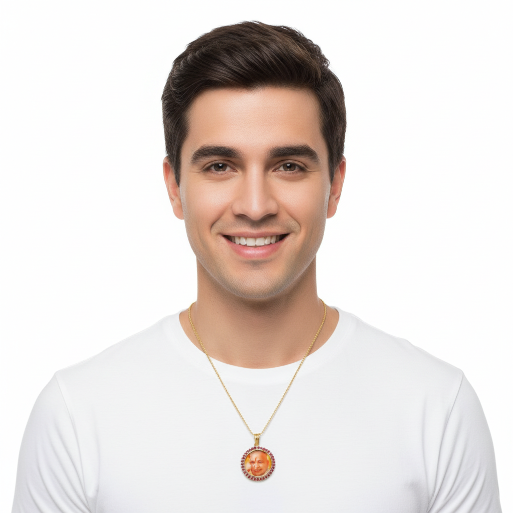 Guruji swaroop pendant with rubies in gold - jewelslane