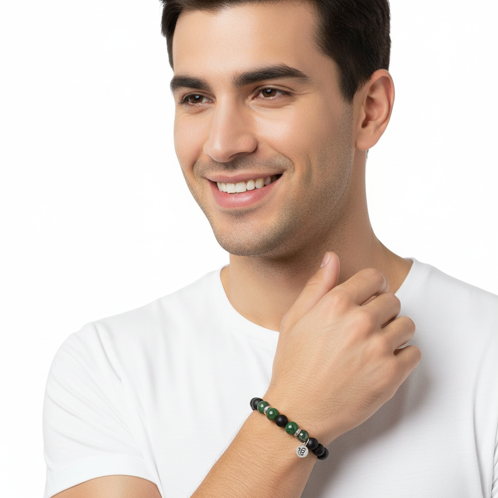 Ik Onkaar Balance bracelet with Moss Agate and black onyx in silver - Jewelslane