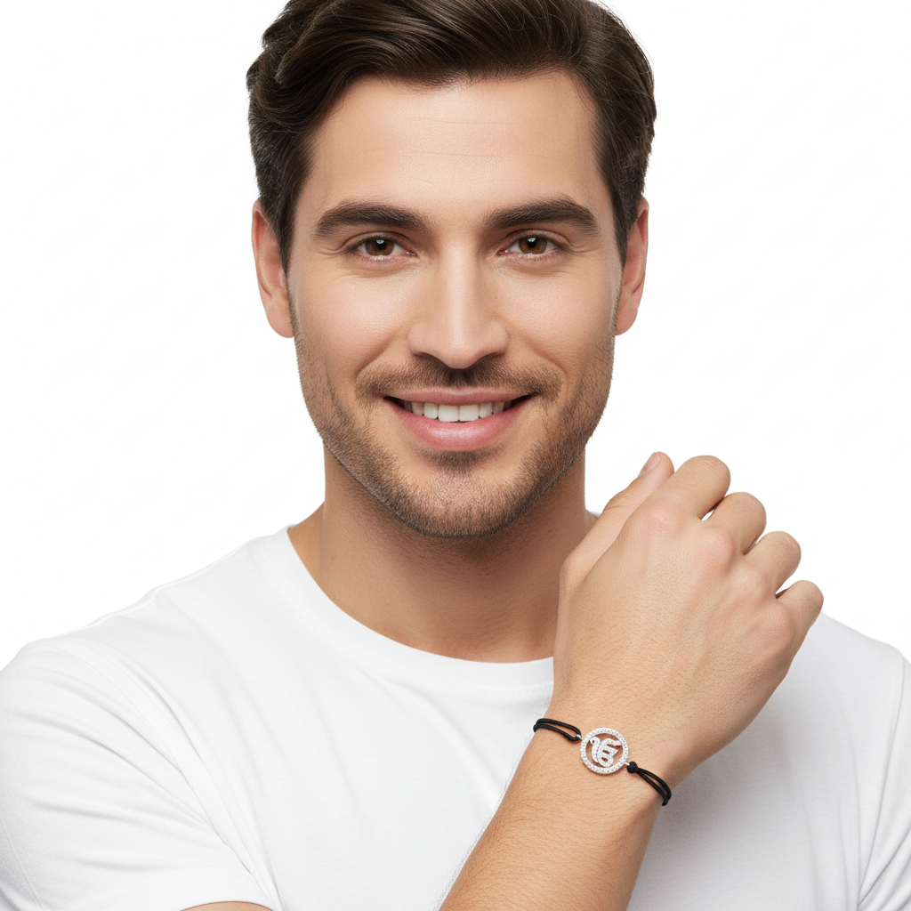 Ik Onkaar Bracelet in 925 Silver with Diamond on size adjustable Nylon Thread -Jewelslane