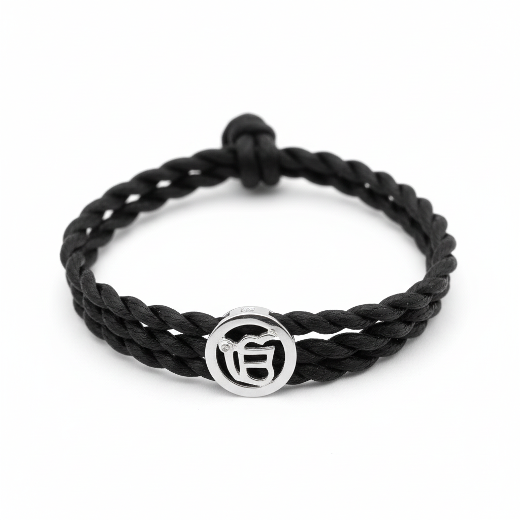 Ik Onkaar Bracelet in Silver with Diamonds on Braided Thread - Jewelslane