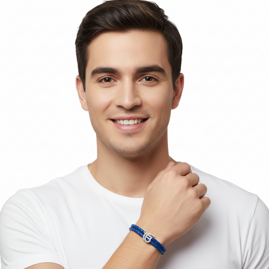 Ik Onkaar Fancy Bracelet For Men In Silver with Diamonds On Leather Bracelet - Jewelslane