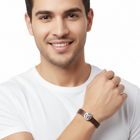 Ik Onkaar Leather Bracelet In Silver - Jewelslane