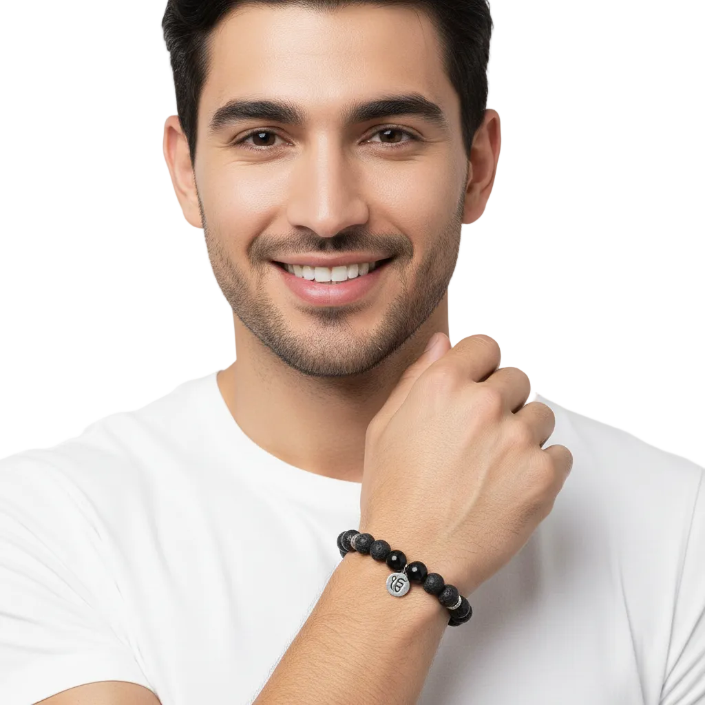 Ik onkaar Stability bracelet with Lava Beads & Black onyx in silver - Jewelslane