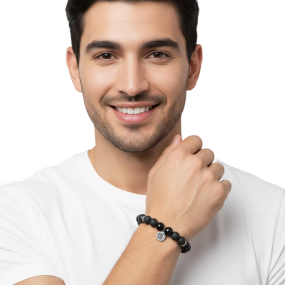 Ik onkaar Stability bracelet with Lava Beads & Black onyx in silver - Jewelslane