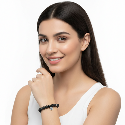Ik onkaar Stability bracelet with Lava Beads & Black onyx in silver - Jewelslane