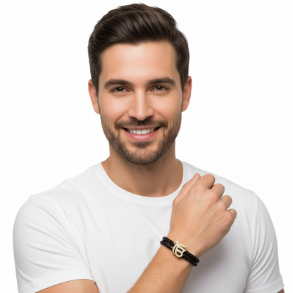 Ik onkaar leather bracelet with diamonds In Gold - Jewelslane