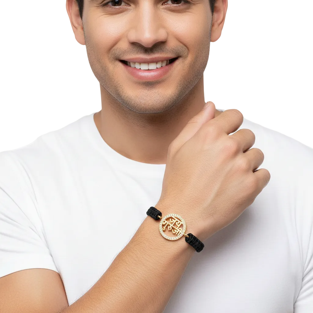 Jai Guru Ji Blessing Bracelet in Gold with Diamond Border - Jewelslane