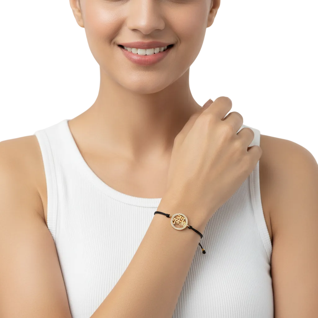 Jai Guru Ji Blessing Bracelet in Gold with Diamond Border - Jewelslane
