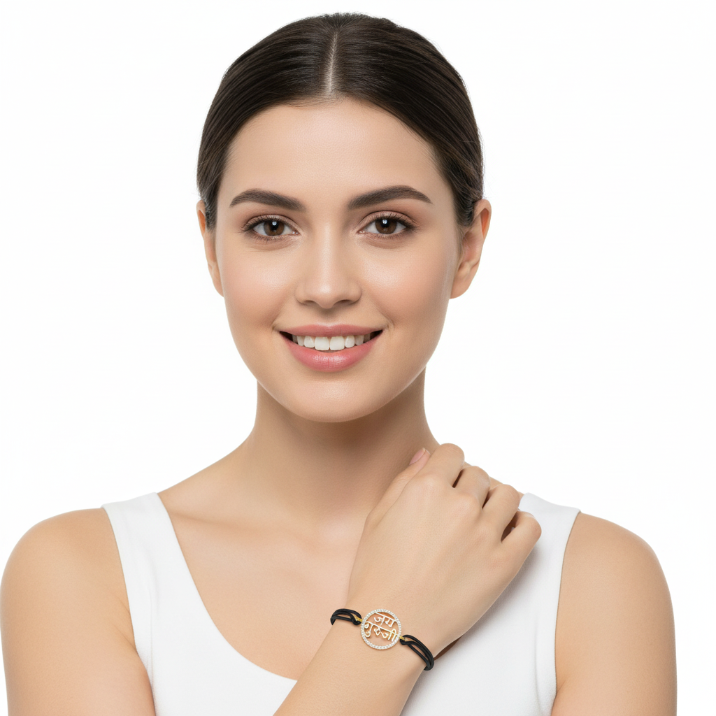 Jai Guru Ji bracelet with 21mm diameter charm set with diamonds in 14k Gold - jewelslane