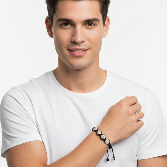 Om Bracelet in Silver with 4 Diamond Studded Discs - Jewelsalne