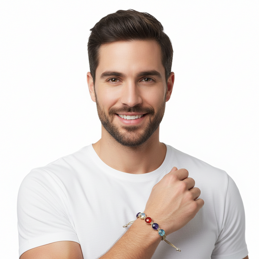 Om Bracelet in Silver with Single Diamond & 7 Chakra Color Stones - Jewelslane