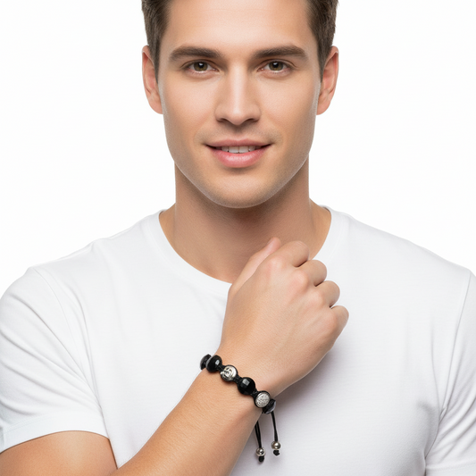 Om Bracelet with 2 Diamond Beads in Silver & Onyx - Jewelslane
