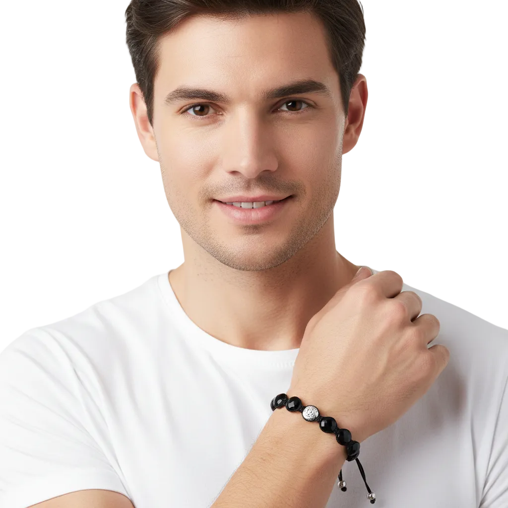 Om Bracelets In Silver with Black Onyx on Size Adjustable Nylon Thread - Jewelslane