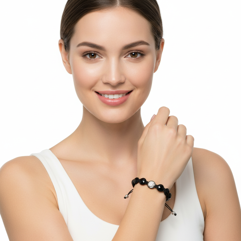 Om Bracelets In Silver with Black Onyx on Size Adjustable Nylon Thread - Jewelslane