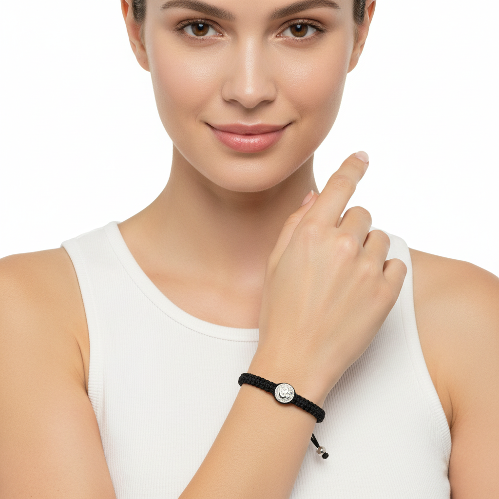 Om Button Bracelet In 925 Silver on Size Adjustable Braided Nylon Thread - jewelslane