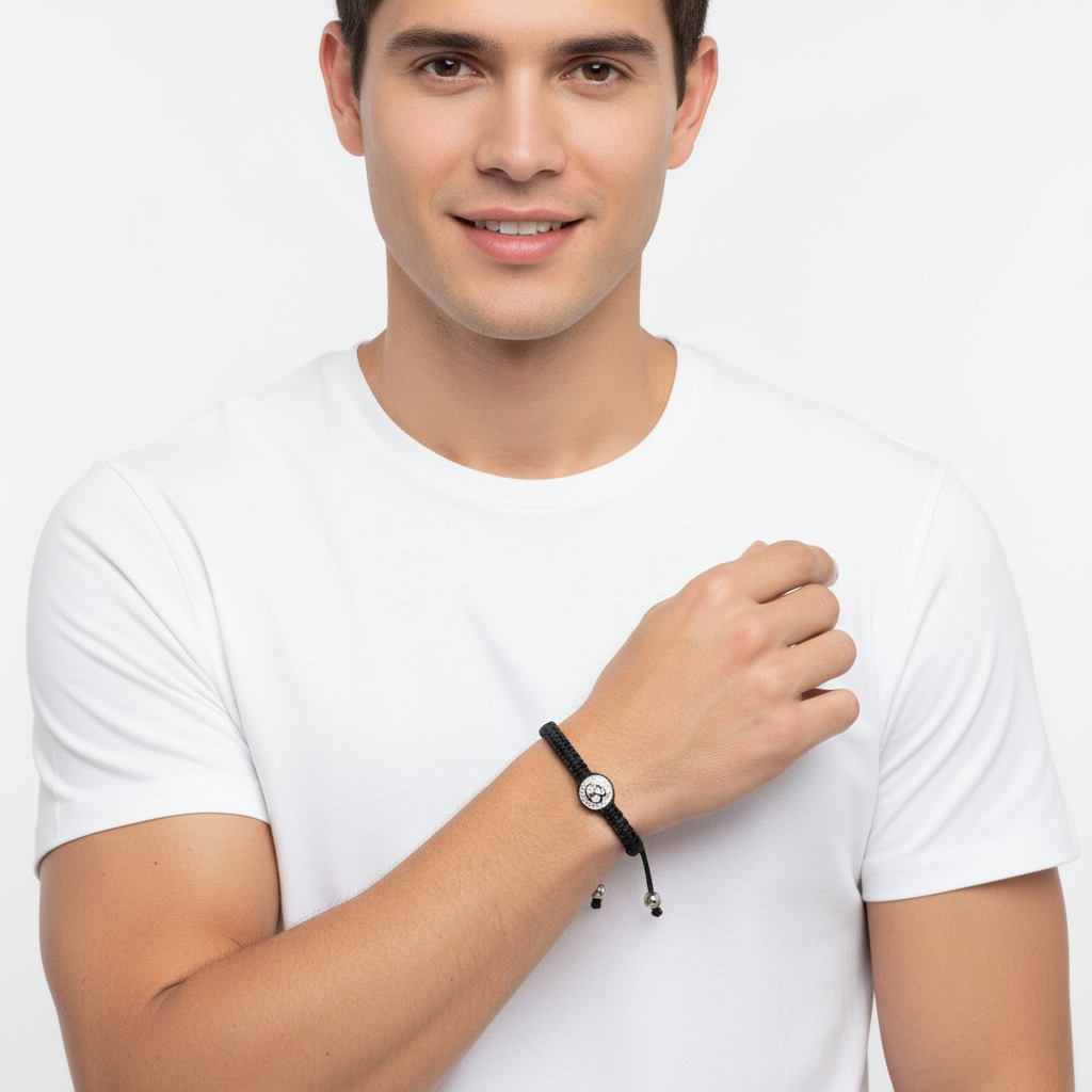 Om Button Bracelet In 925 Silver on Size Adjustable Braided Nylon Thread - Jewelslane