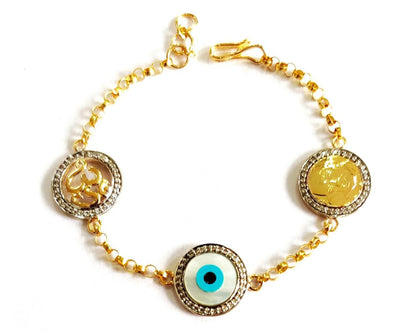 Auspicious Om, Evil Eye and Guruji Bracelet in gold with diamonds - Jewelslane
