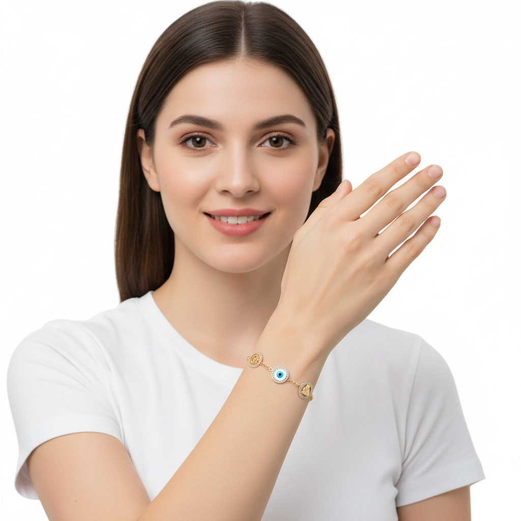 Om, Evil Eye and Sai Ram bracelet with 14mm charms in Gold - jewelslane