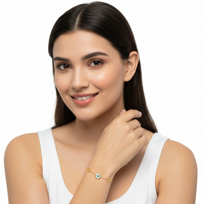 Om, Evil Eye and Sai Ram in gold bracelet - Jewelslane