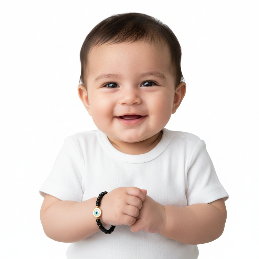 Om & Evil eye charm in gold on black beads for new born - Jewelslane