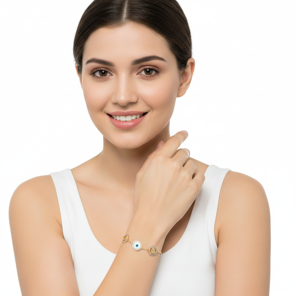 Om, Evileye, Sairam & Balaji bracelet in gold with diamonds - Jewelslane