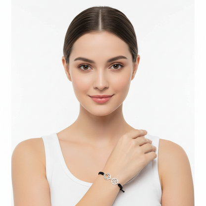 Om & Swastik Bracelet in Silver with Diamonds on Nylon thread - Jewelslane