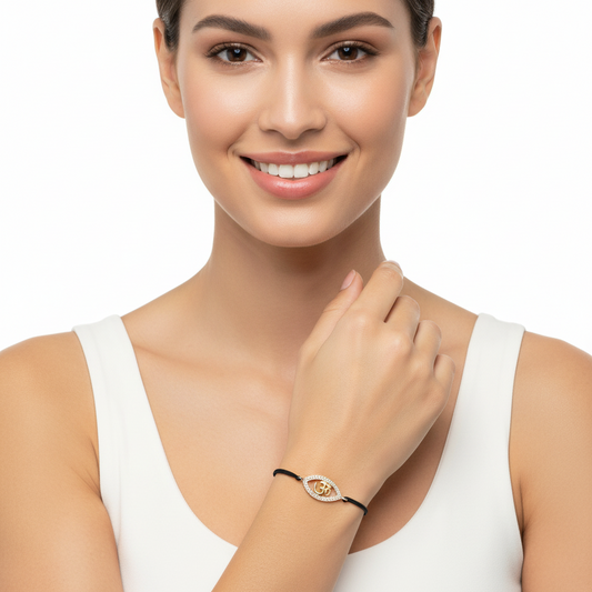 Om charm Bracelet inset in evil eye with diamonds - Jewelslane