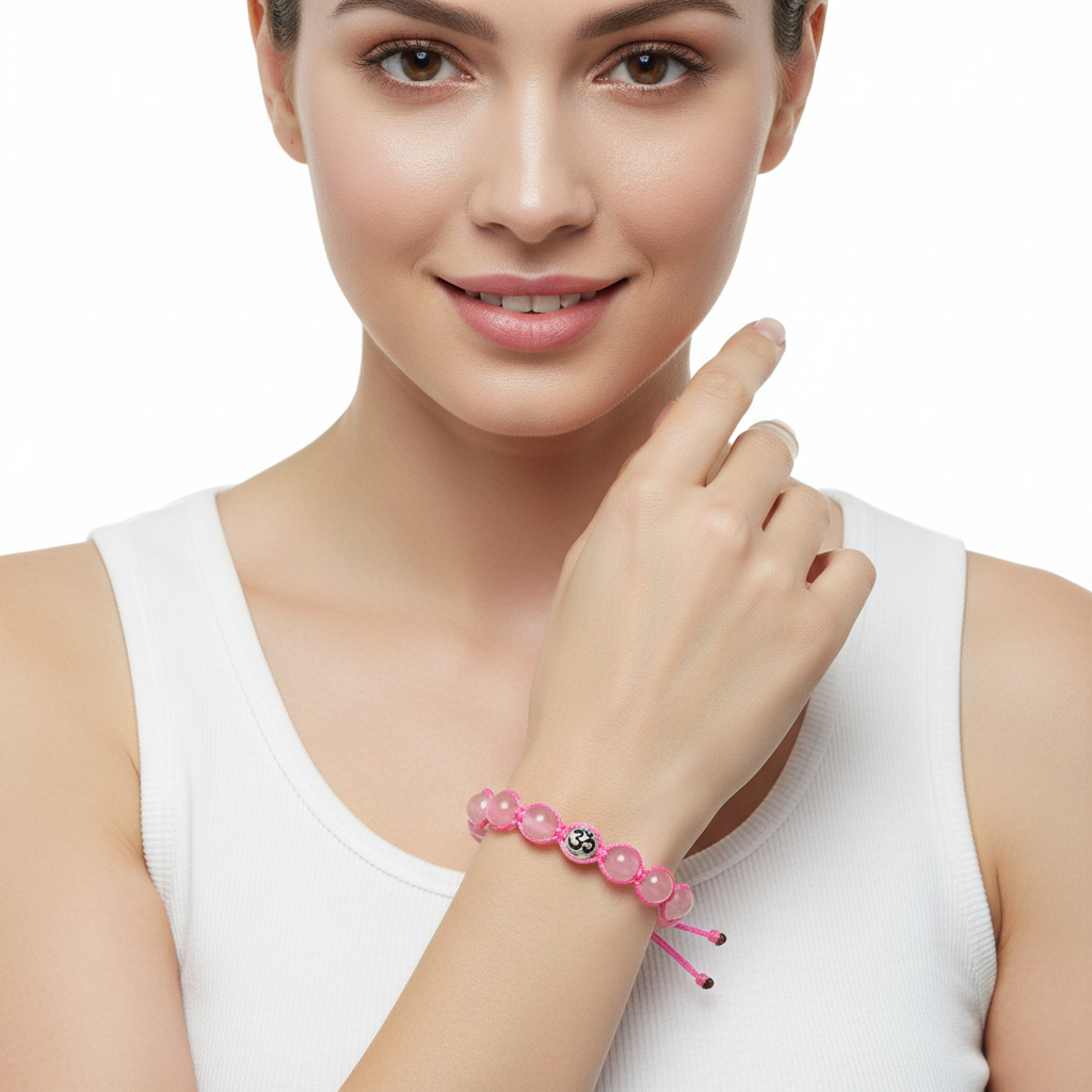 Rose quartz beads bracelet with silver om - Jewelslane
