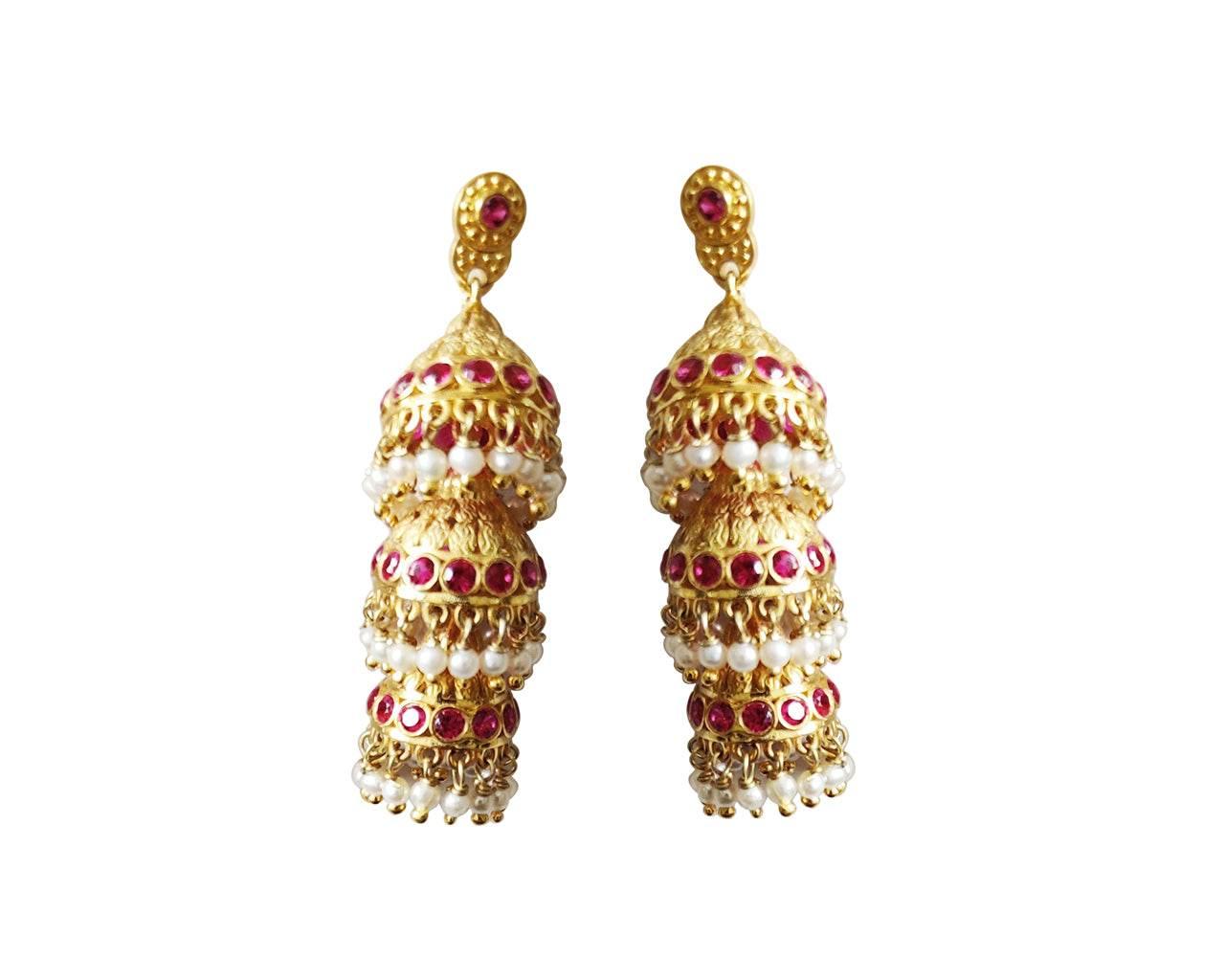 Silver gold plated jhumkis with pearls & red zircons - Jewelslane
