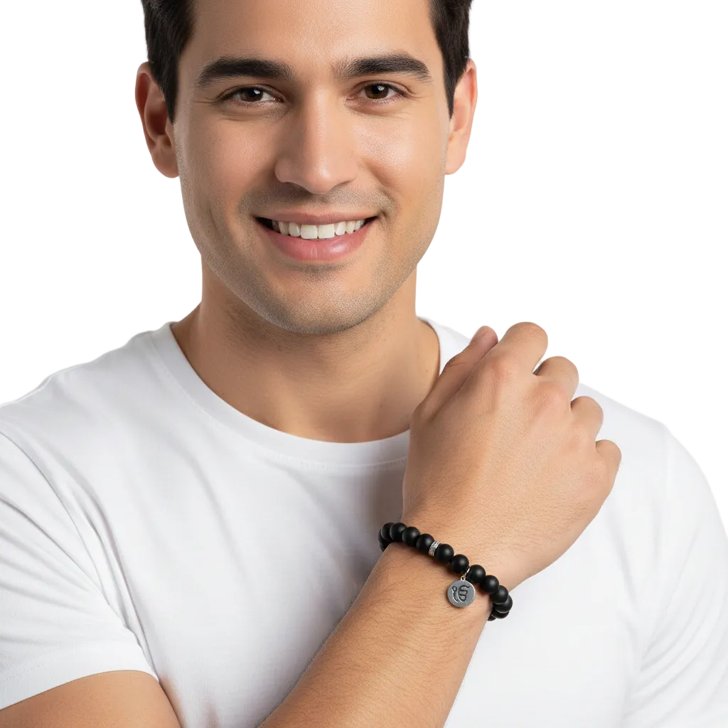 Silver Ik onkaar bracelet on onyx beads - Jewelslane