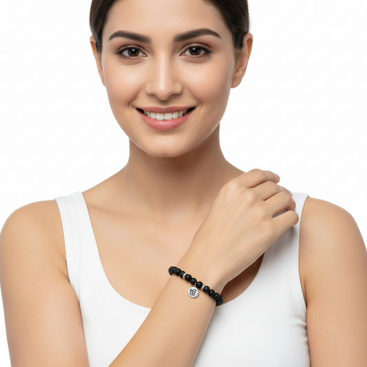 Silver Ik onkaar bracelet on onyx beads - Jewelslane