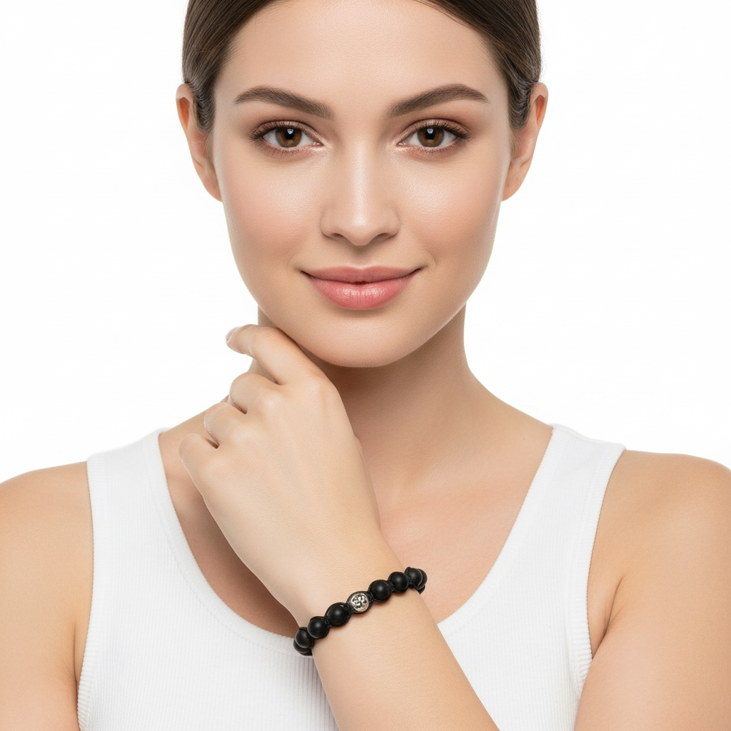 Silver om with 10mm Black Onyx beads - jewelslane
