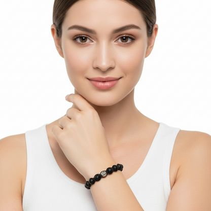 Silver om with 10mm Black Onyx beads - jewelslane