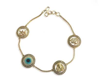 Evil eye, Aum, Ganesh & Sairam Bracelet in gold & diamonds with 12mm charms - Jewelslane