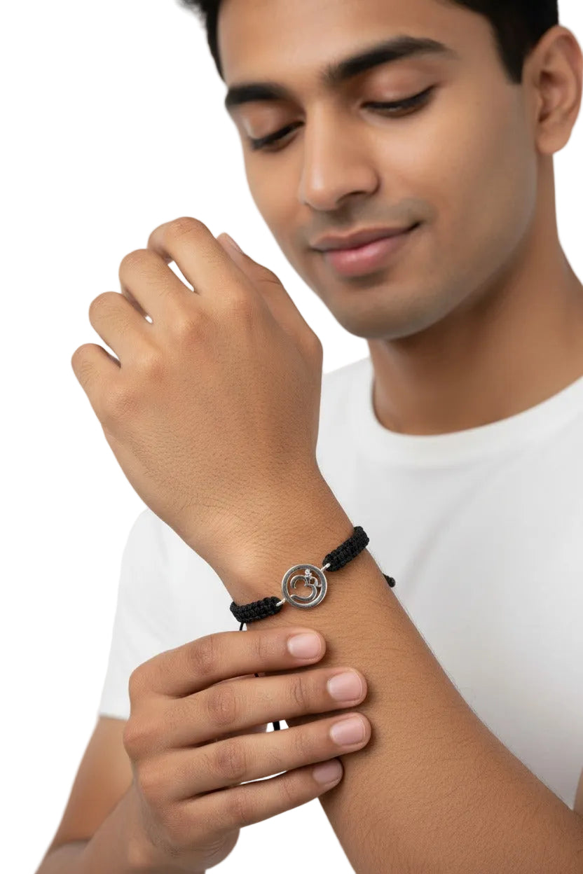 Om Bracelet in 92.5 Silver with a Diamond on Nylon Thread
