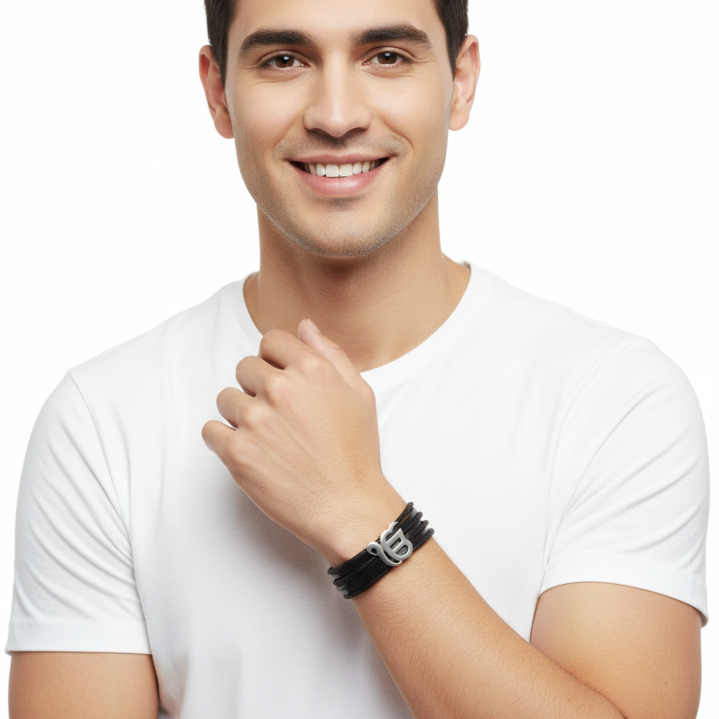 Wide Leather Band Ik Onkaar Bracelet in silver - Jewelslane