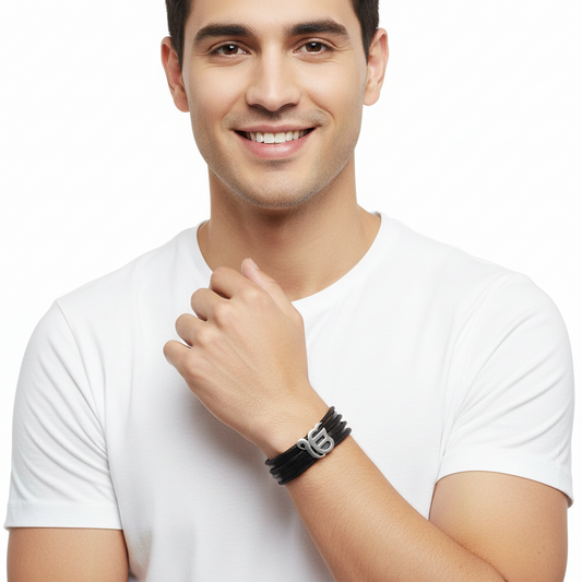 Wide Leather Band Ik Onkaar Bracelet in silver - Jewelslane