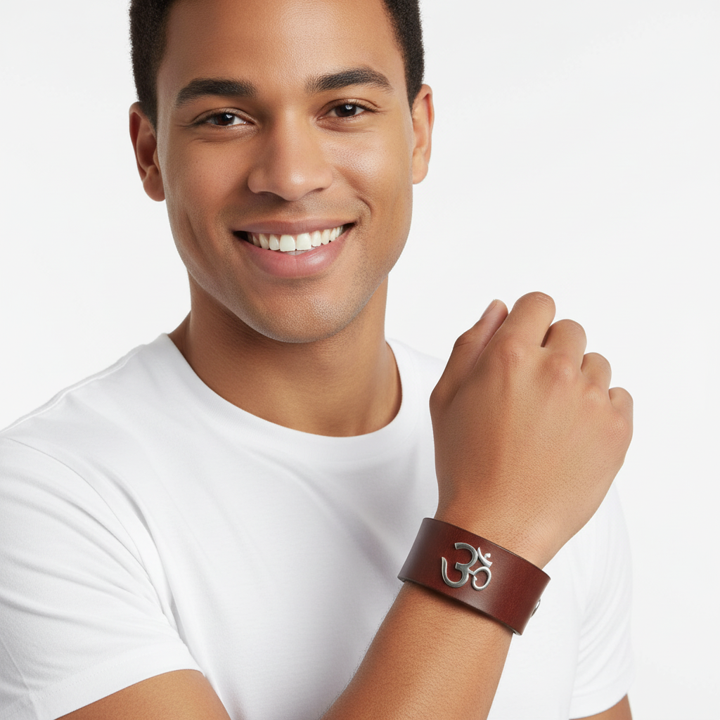 Wide Leather Band Om Bracelet - Jewelslane