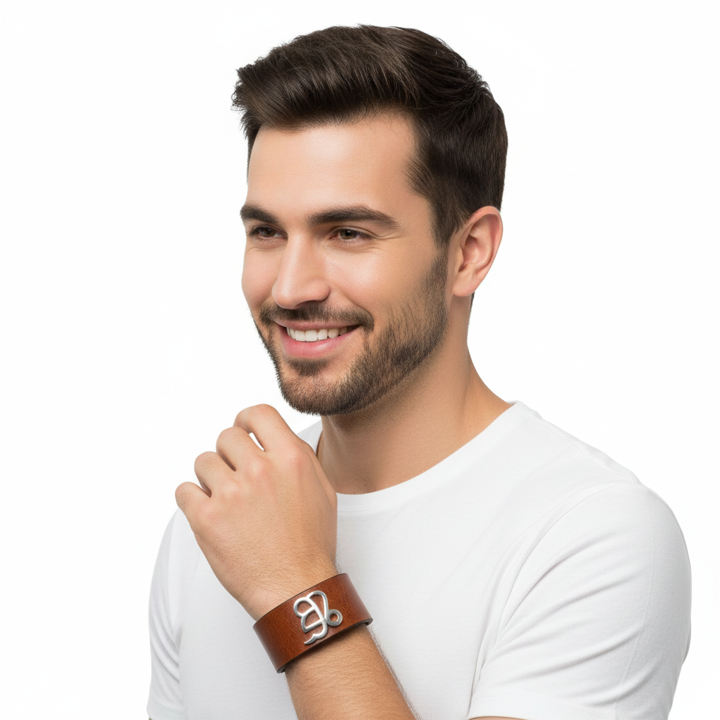 Wide Leather Ik Onkar Men’s Bracelet in silver - Jewelslane